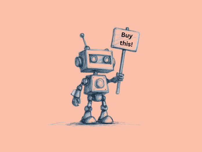 A robot holding up a "Buy this" sign.