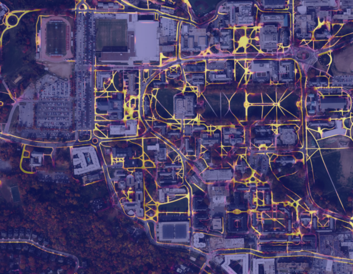 Walking paths highlighted from orbit using AI. Image: Wherobots/Tile2Net