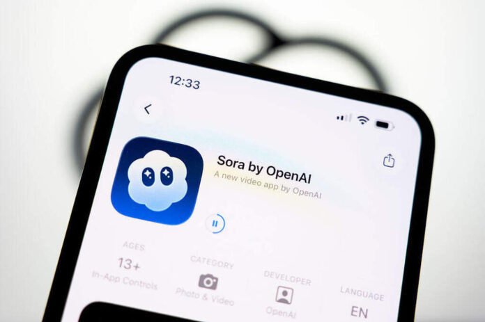 The Sora download page on Apple's App Store appears on a smartphone screen with the OpenAI logo in the background. OpenAI's top-ranked video creation and sharing app is controversial for its ability to create fake news and its disregard for copyright in Creteil, France, on October 9, 2025. (Photo by Samuel Boivin/NurPhoto via Getty Images)