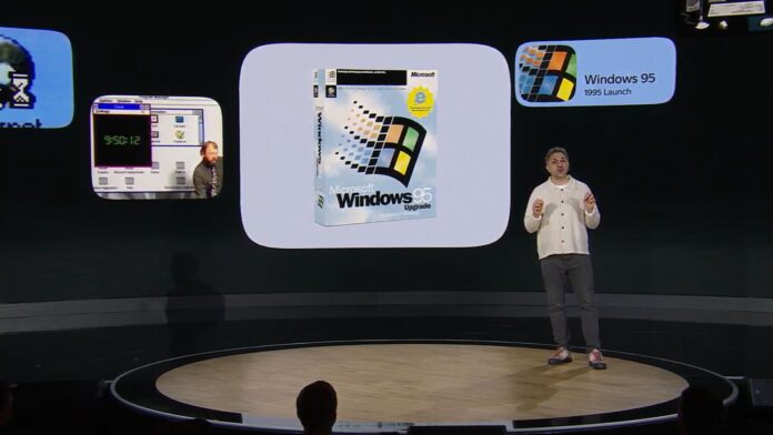 Microsoft 50th Anniversary event Windows 95 and Mustafa on stage