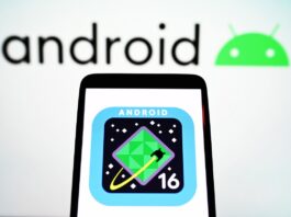 In this photo illustration, an Android 16 logo is seen on a smartphone screen