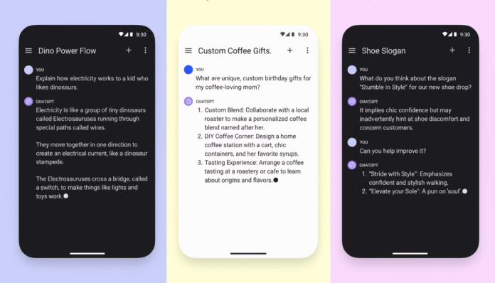 Three smartphone screens displaying chat conversations. The left screen shows a conversation about explaining electricity to a child using a dinosaur analogy. The middle screen shows a conversation about custom coffee gift ideas. The right screen shows a conversation about improving a shoe slogan.
