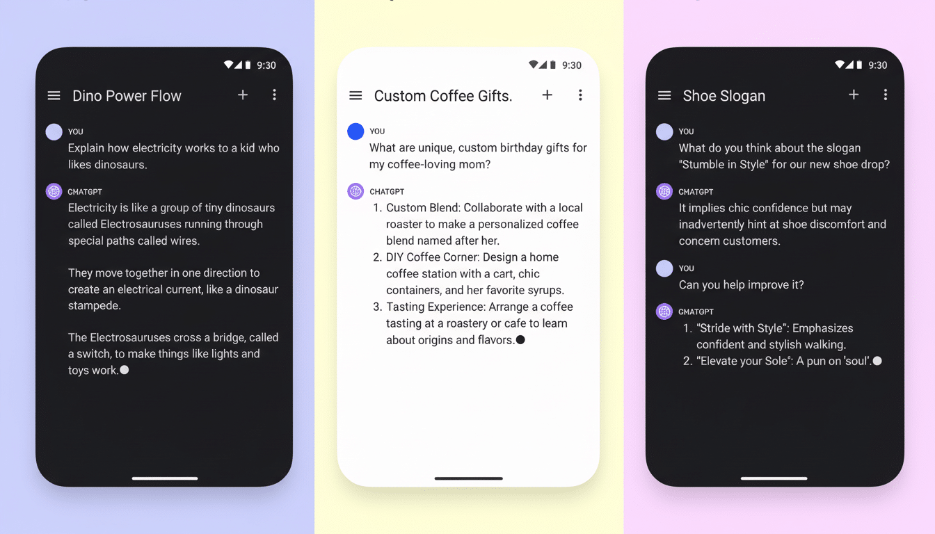 chatgpt_android_app_edited_1767124921.png Three smartphone screens displaying chat conversations. The left screen shows a conversation about explaining electricity to a child using a dinosaur analogy. The middle screen shows a conversation about custom coffee gift ideas. The right screen shows a conversation about improving a shoe slogan.