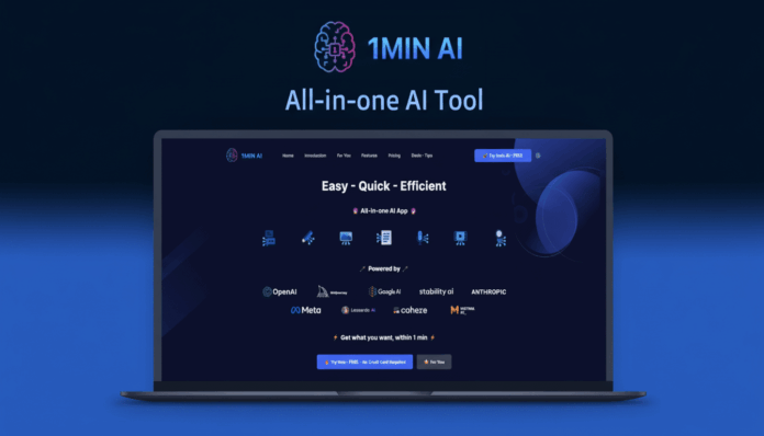 A laptop displaying the 1MIN AI All-in-one AI Tool website, featuring various AI company logos and a dark blue interface.