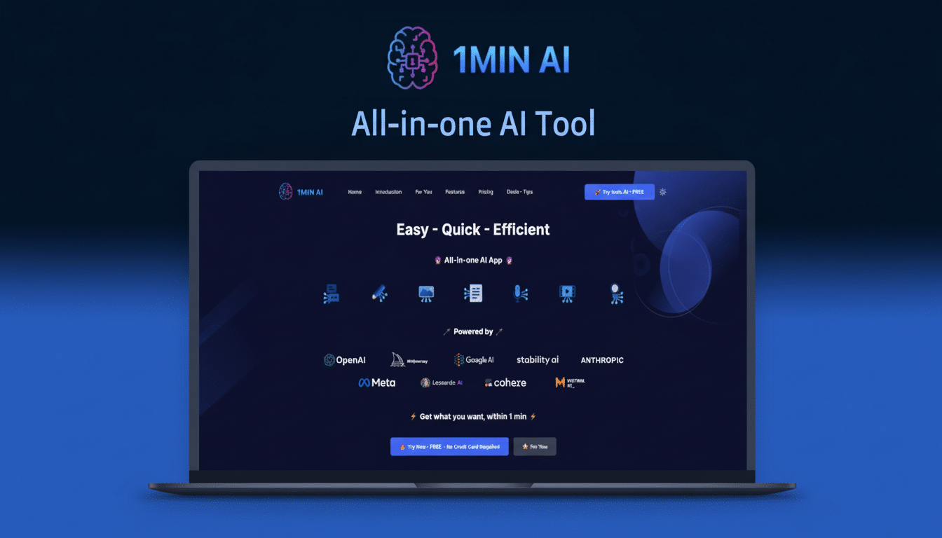 complete_all-in-one_ai_platform_at_89__off_with_ma_edited_1766156716.png A laptop displaying the 1MIN AI All-in-one AI Tool website, featuring various AI company logos and a dark blue interface.