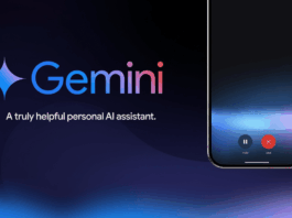 The Gemini logo and text A truly helpful personal AI assistant on a dark background with a smartphone displaying a call interface.