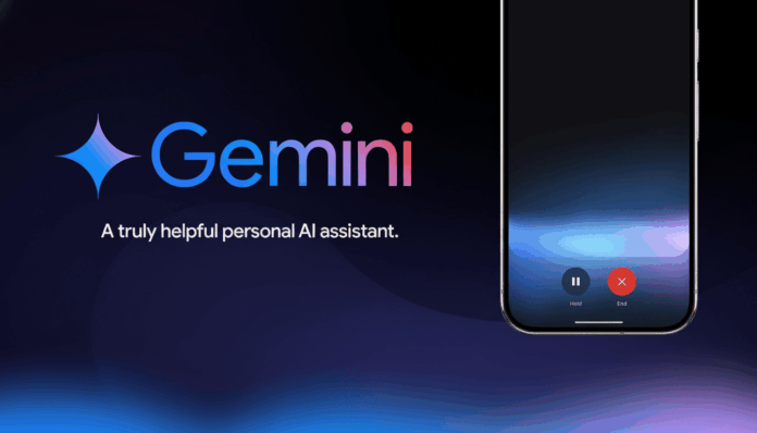 The Gemini logo and text A truly helpful personal AI assistant on a dark background with a smartphone displaying a call interface.