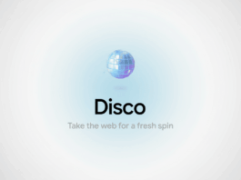 The word Disco in bold black letters with the tagline Take the web for a fresh spin below it, centered on a white background with a subtle blue gradient behind a shimmering disco ball icon. The image is in a 16:9 aspect ratio.