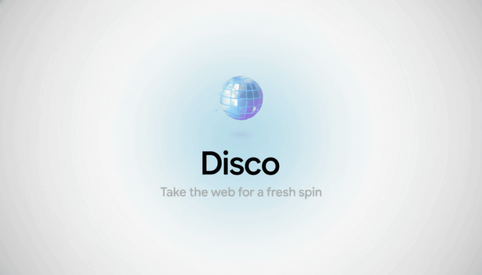 The word Disco in bold black letters with the tagline Take the web for a fresh spin below it, centered on a white background with a subtle blue gradient behind a shimmering disco ball icon. The image is in a 16:9 aspect ratio.