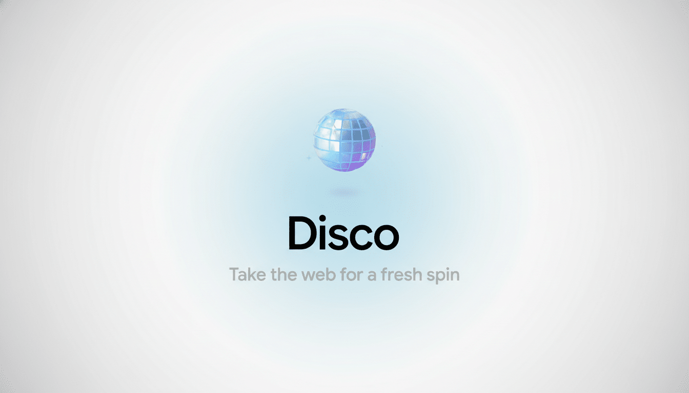 google_disco_edited_1765588221.png The word Disco in bold black letters with the tagline Take the web for a fresh spin below it, centered on a white background with a subtle blue gradient behind a shimmering disco ball icon. The image is in a 16:9 aspect ratio.