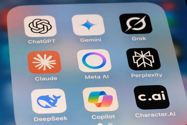 image_2215718144.jpg Meta AI, Claude, ChatGPT, Gemini, Grok, Perplexity, DeepSeek, Copilot and Character.AI. Assorted AI app icons