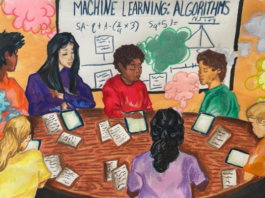 Student art piece of students sitting at a table with both a tablet and papers.