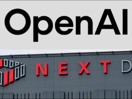A composite image of the OpenAI logo, above the image of the NEXTDC logo on the top of a building.