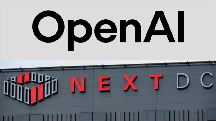 A composite image of the OpenAI logo, above the image of the NEXTDC logo on the top of a building.