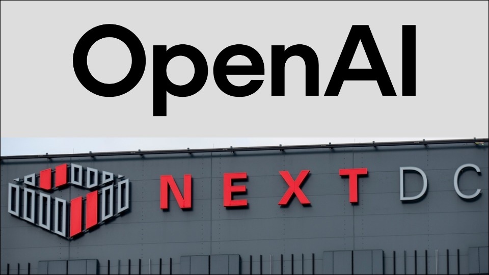 openai20nextdc20composite20supplied20and20shutterstock.jpg A composite image of the OpenAI logo, above the image of the NEXTDC logo on the top of a building.