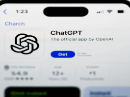 A close-up of an iPhone screen displaying the ChatGPT app page in the App Store, with the app icon, title, and Get button visible.