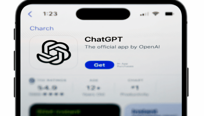 A close-up of an iPhone screen displaying the ChatGPT app page in the App Store, with the app icon, title, and Get button visible.