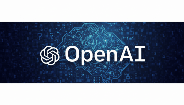The OpenAI logo and name are displayed over a dark blue background with a circuit board brain graphic.