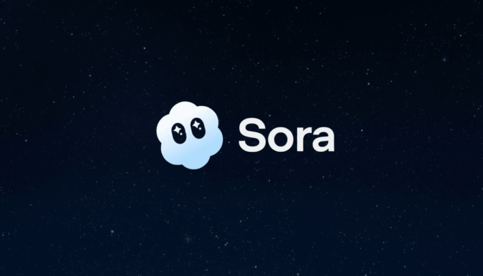The Sora logo, featuring a light blue cloud-like character with sparkling eyes next to the word Sora in white text, set against a dark blue background with subtle white star-like specks. The image has been resized to a 16:9 aspect ratio.