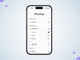 A smartphone displaying a Monday to-do list app with various tasks, set against a professional flat design background with soft patterns.