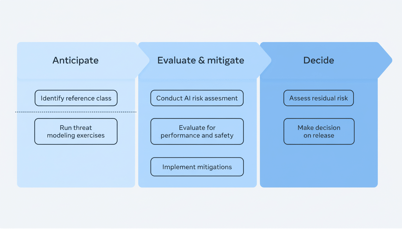 A professional diagram illustrating a three-stage process: Anticipate, Evaluate & mitigate, and Decide. Under Anticipate, there are steps to Identify reference class and Run threat modeling exercises. Under Evaluate & mitigate, the steps are Conduct AI risk assessment, Evaluate for performance and safety, and Implement mitigations. Under Decide, the steps are Assess residual risk and Make decision on release. The background is a soft, light gray gradient.