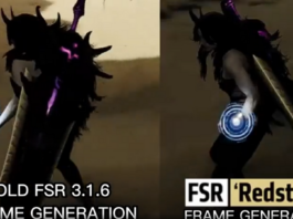 A side-by-side comparison of a game showing FSR Redstone vs an older version of AMD FSR