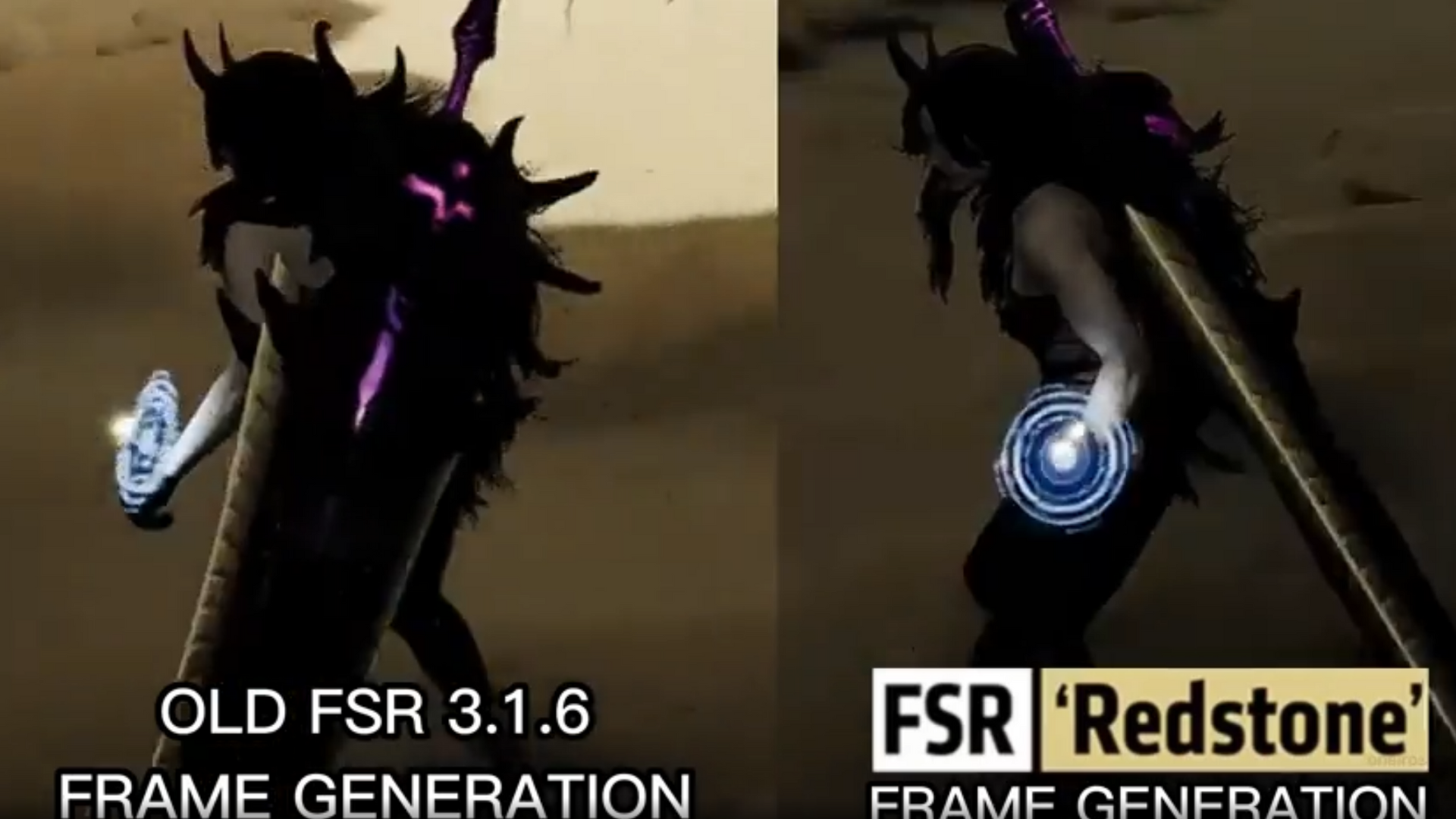 zP4SHqb3uR4RiWgVJNwBiT-1920-80.png A side-by-side comparison of a game showing FSR Redstone vs an older version of AMD FSR