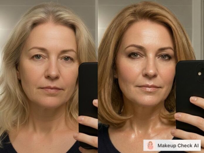 Before and after transformation generated by Makeup Check AI, showing a complete makeup and hairstyle preview on the user