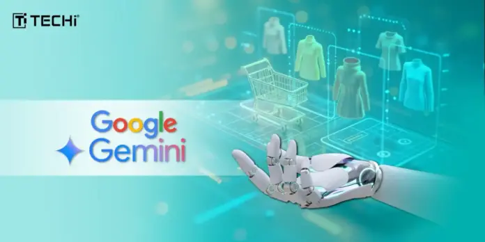 Google Gemini AI technology transforming online shopping with seamless integration of product discovery and customer support, represented by a robotic hand interacting with a digital shopping cart and clothing items.