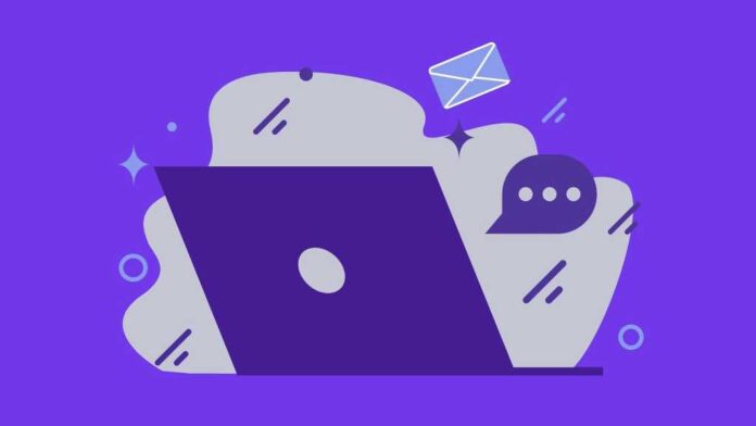 purple illustration of a laptop with email icon and conversation bubble coming from it