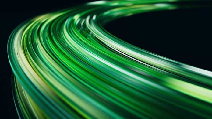 flowing bands of light in different shades of green on black background