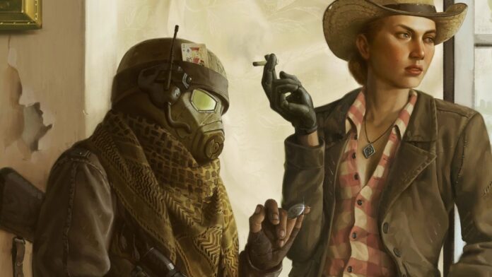 Zoom in of New Vegas fan art courier smoking with Cass