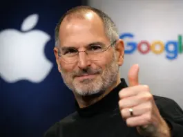 An AI image of Apple co-founder Steve Jobs giving a thumbs up in front of Apple and Google logos, used to illustrate an opinion piece about how he would have approved building Google