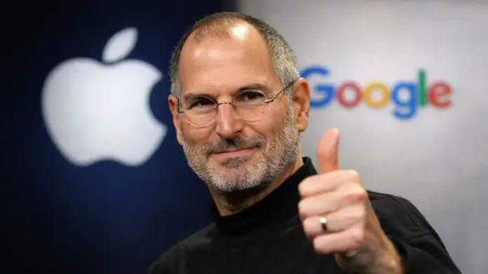 An AI image of Apple co-founder Steve Jobs giving a thumbs up in front of Apple and Google logos, used to illustrate an opinion piece about how he would have approved building Google