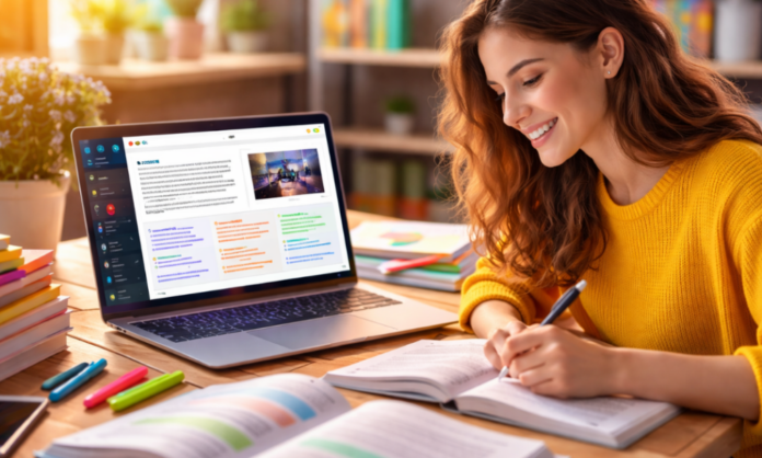 A woman with brown hair wearing a yellow sweater enthusiastically using AI for effective studying.