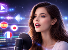 A woman with brown hair speaking into a microphone in different languages with a laptop behind her.