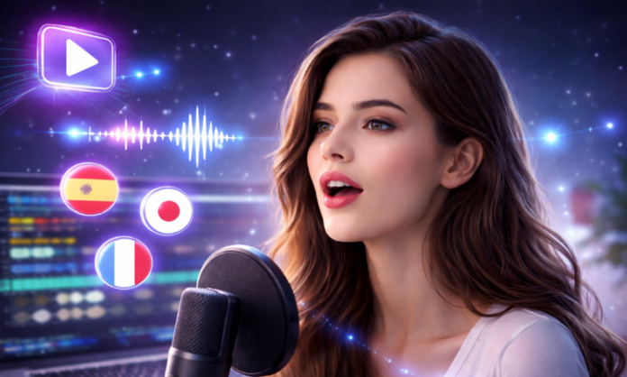 A woman with brown hair speaking into a microphone in different languages with a laptop behind her.