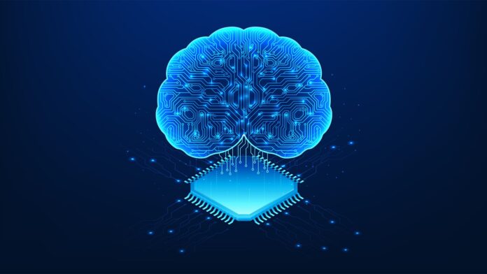 Agentic AI tools concept image showing digitized human brain with data flows coming from microchip underneath.