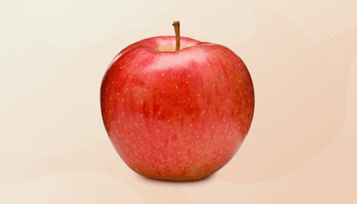 A red apple with a stem, centered on a professional flat design background with soft patterns and gradients.