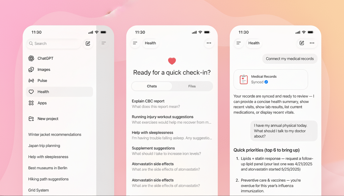 chatgpt_health_edited_1767823442.png Three mobile phone screens displaying a health application interface. The first screen shows a menu with options like ChatGPT, Images, Pulse, Health, and Apps. The second screen shows a Ready for a quick check-in? prompt with chat and file options, and several health-related suggestions. The third screen shows Connect my medical records and Medical Records Synced with a summary of health records and quick priorities.