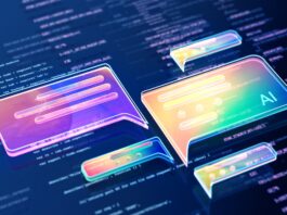 Digital generated image of abstract AI data chat icons flying over digital surface with codes