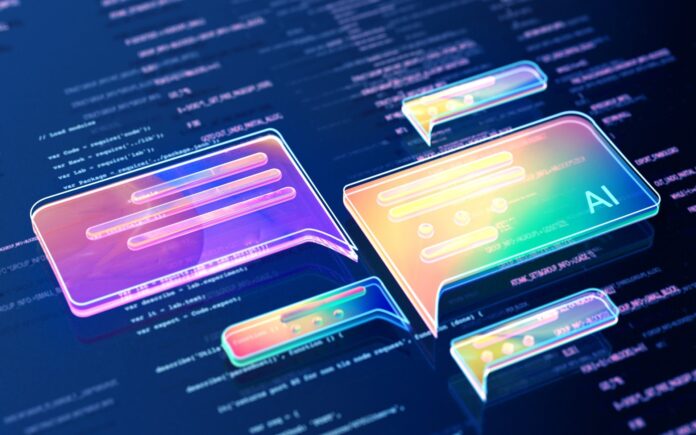 Digital generated image of abstract AI data chat icons flying over digital surface with codes