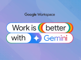 Google Workspace logo with the text Work is better with Gemini in a professional 16:9 aspect ratio with a soft gradient background.