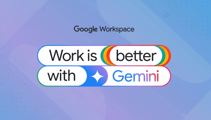 Google Workspace logo with the text Work is better with Gemini in a professional 16:9 aspect ratio with a soft gradient background.