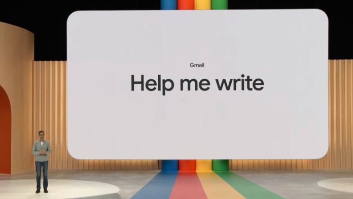 Google CEO Sundar Pichai in front of a giant white smartboard that says, "Help me write."