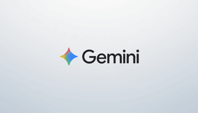 The Gemini logo, featuring a colorful, four-pointed star icon next to the word Gemini in black text, presented on a subtle gradient background.