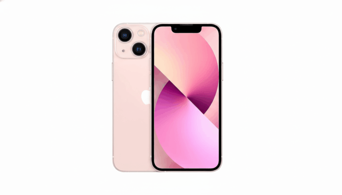 A pink iPhone 13, shown from the front and back, against a clean white background.