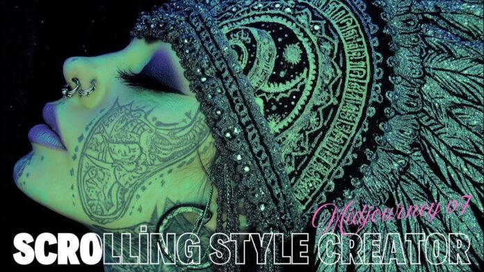 Screenshot of Midjourney’s scroll-based style tool on the alpha website, showing selected options and a base prompt preview.