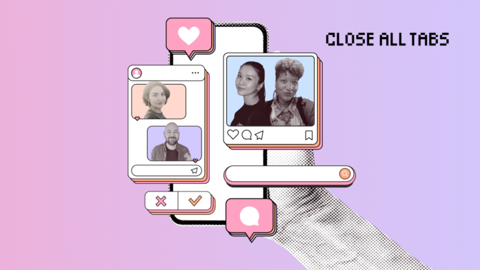 Illustration combining photos and graphics: a smartphone screen with multiple app-style windows displaying headshots of the Close All Tabs team, along with social media icons and interface elements.