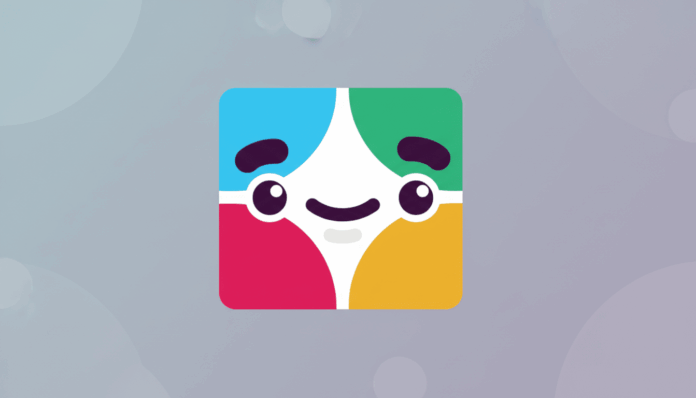 The Slack app icon, a friendly, smiling face made of four colorful quadrants (blue, green, red, yellow) with a white diamond in the center, is presented on a professional gray background with subtle, soft circular patterns and a gradient.